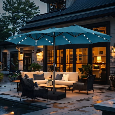 Condition photo showing New/Like New for summit living 15 ft double-sided solar patio umbrella with base large outdoor umbrella with led solar lights - cerulean