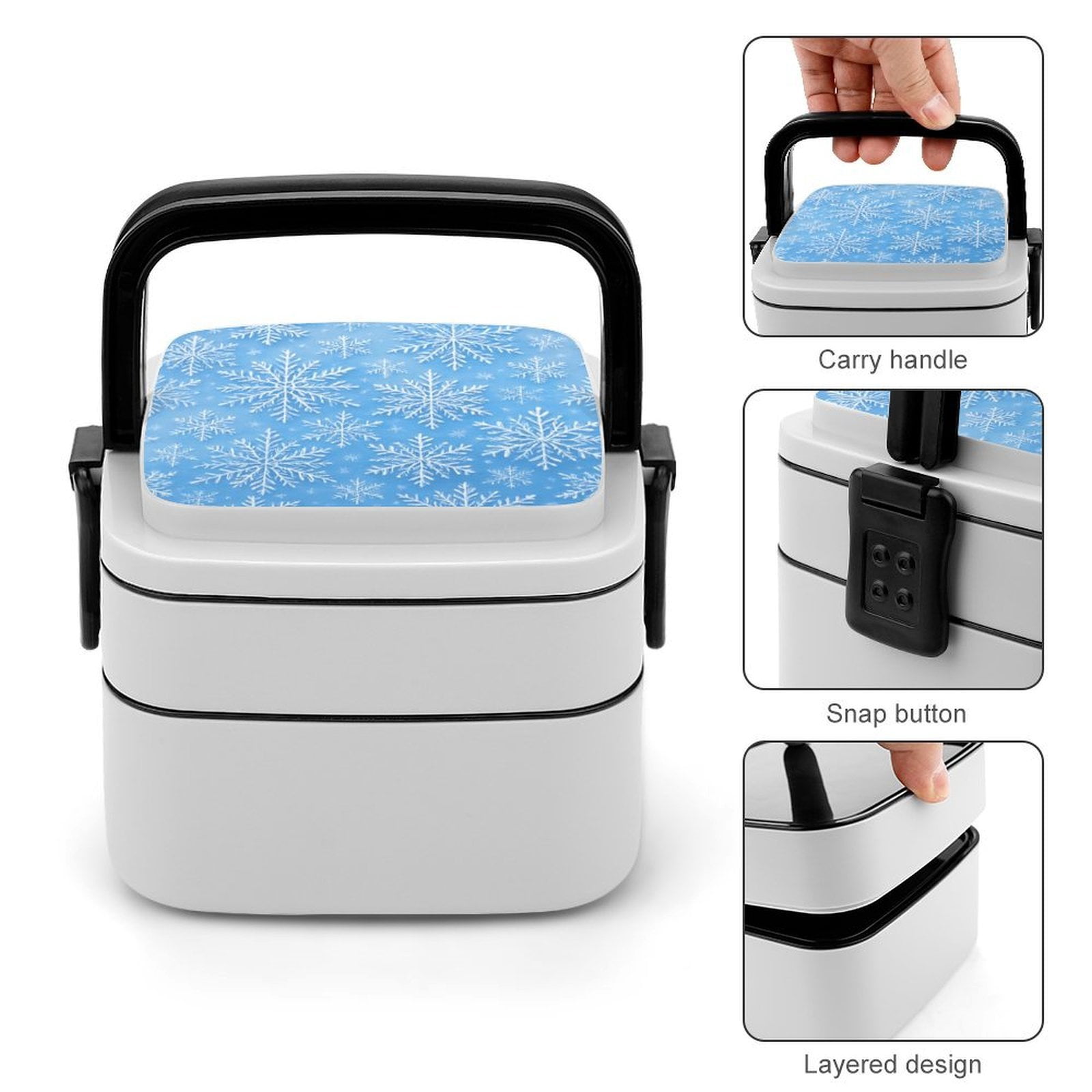 5.3×4.3in Double-Layer Bento Box Sealing Leakproof Partition Design Buckle Design Convenient Switch With Handle Winter Snowflake Pattern