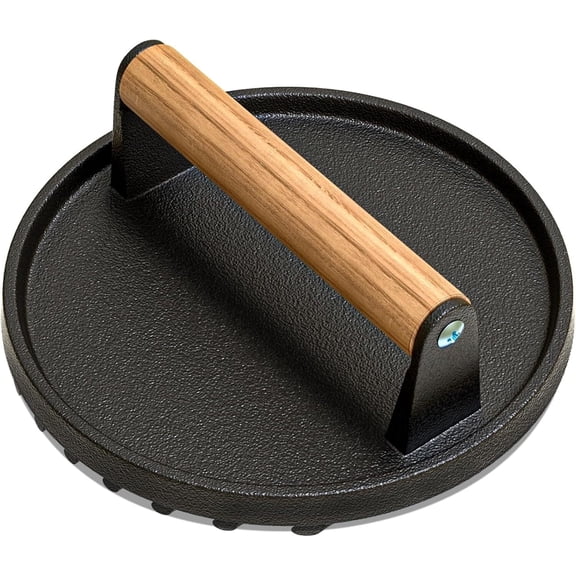 Burger Press, 7" Round Heavy-Duty Cast Iron Smash Burger Press Meat Steak with Wood Handle for Blackstone, Blackstone Griddle Accessories for Sandwiches, Paninis(Round)