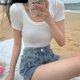 thumbnail image 4 of Camiseta naranja de verano Rimocy con cuello en U para mujer 2022, camiseta coreana de manga corta ajustada para mujer, camiseta de color liso que combina con todo para mujer, 4 of 6