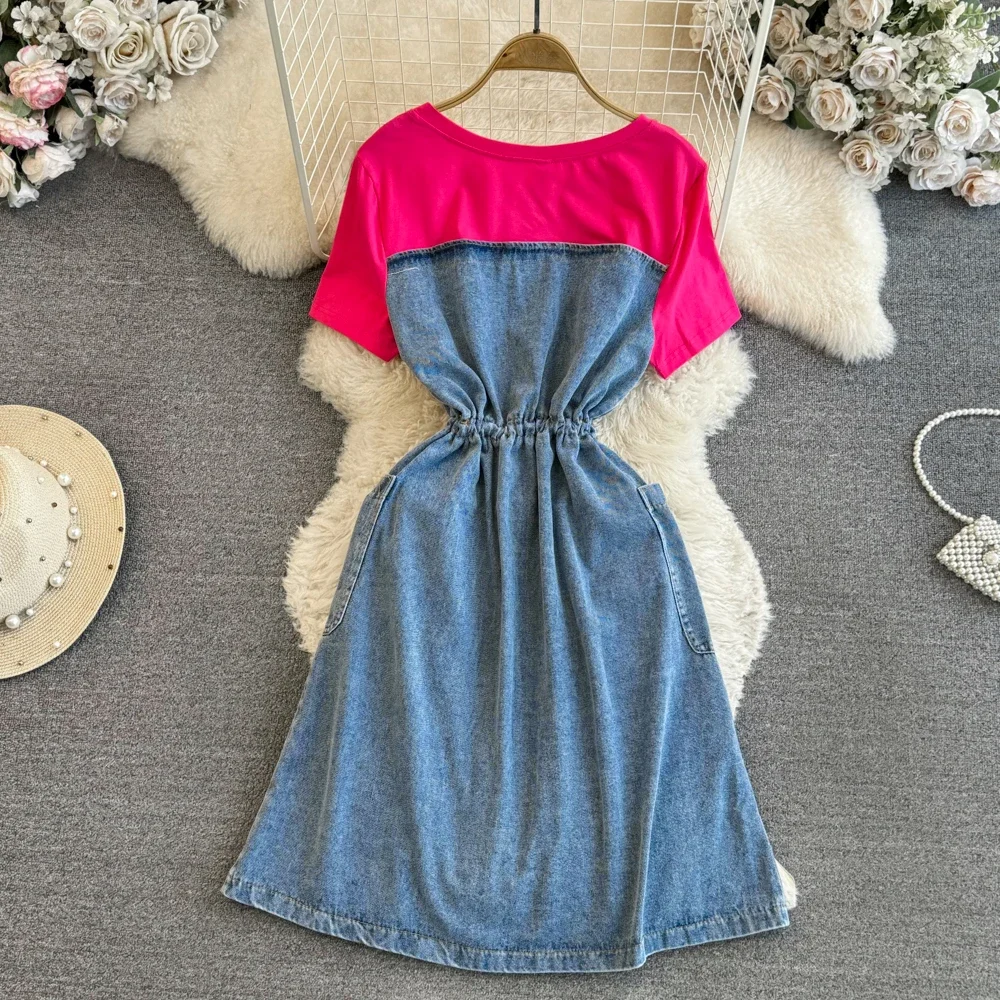 Dress for Women O Neck Short-sleeved Patchwork Dresses Two