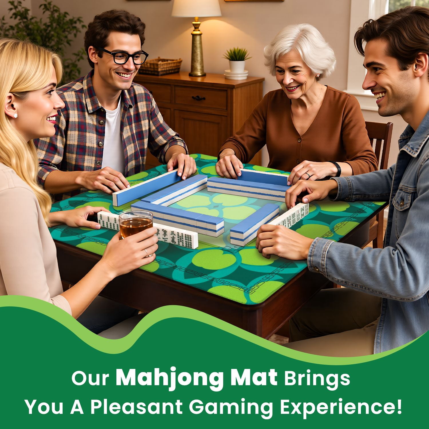 Mahjong Mat 31.5" x 31.5" Geometric Floral Seamless Teal Loops Lime Green Petal Shapes Non-Slip Noise Reduction American Mahjong Tiles Table Cover for Dominoes Poker Card Board Games Gift