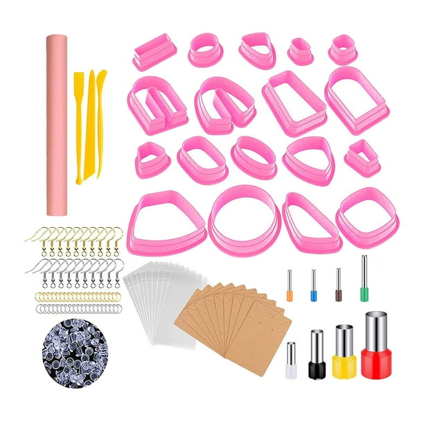 Juego de 130 piezas de corte de arcilla polimérica para hacer joyas con accesorios para aretes, 18 formas Rosado