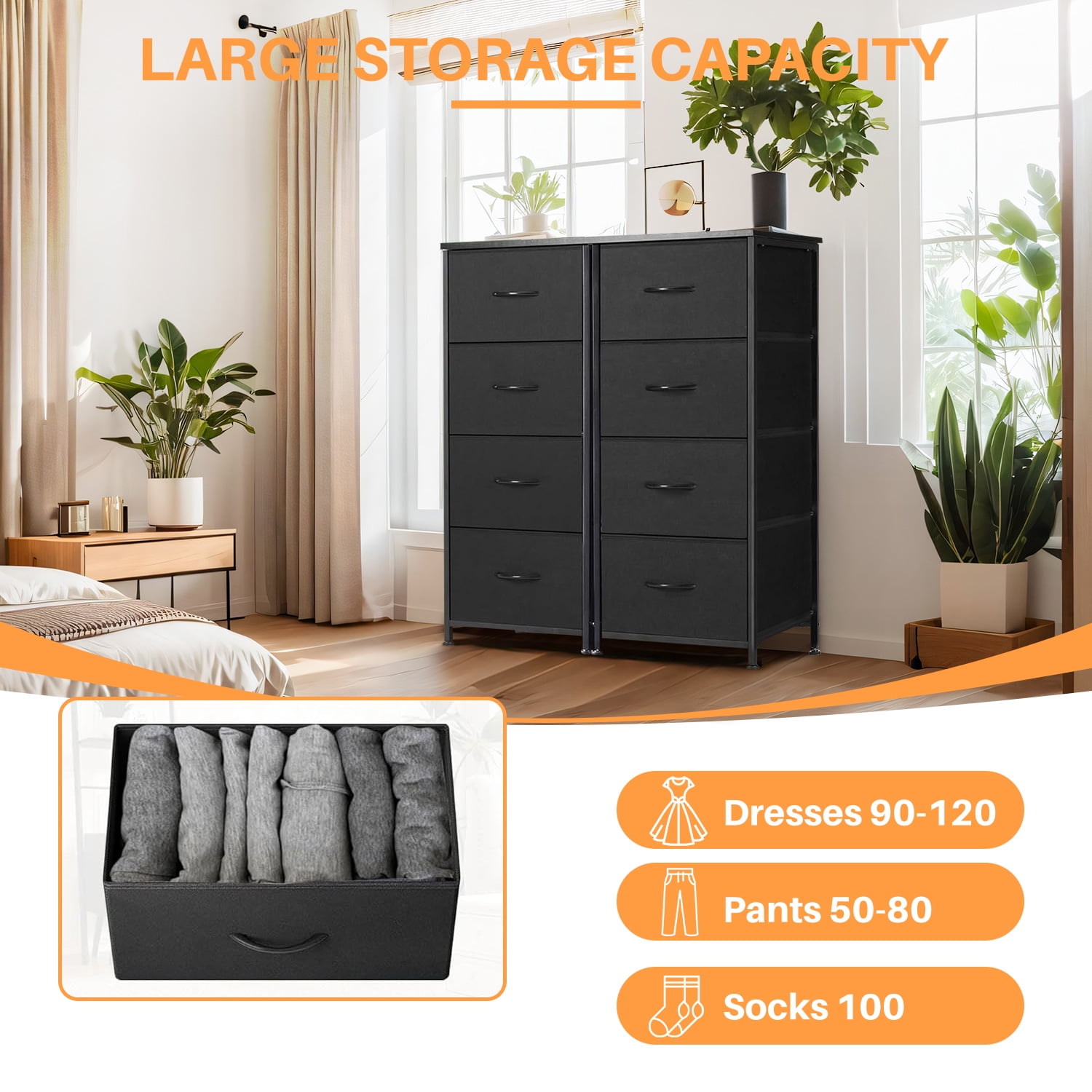 Simenmax 4 Storage Dresser for Bedroom, Wide Fabric Closet Chests Organizer Tower Furniture with Wooden Top Metal Frame for Clothes, Room, Living Room, Hallway, Entryway, Black