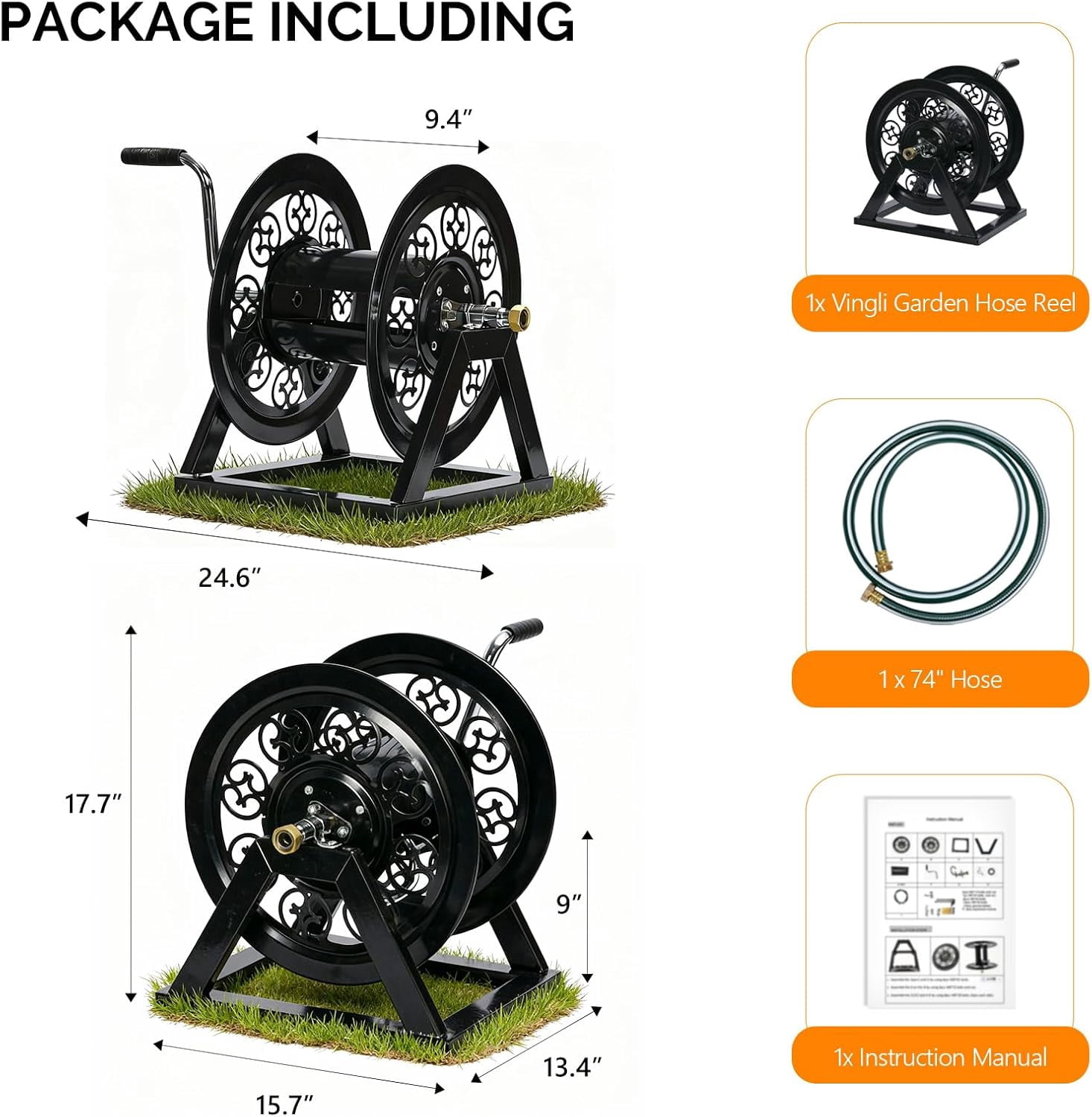 CHTER Decorative Hose Reel, Wall Mount Water Hose Reel for Garden Outside with Heavy Duty Portable Rolling Design Metal, 108FT Capacity for 3/4" Hose for Outdoor Use (Black)