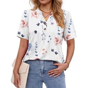 Fantaslook V Neck Henley Blouses for Women Dressy Casual Tops Summer Short Sleeve Shirts Fashion Clothes