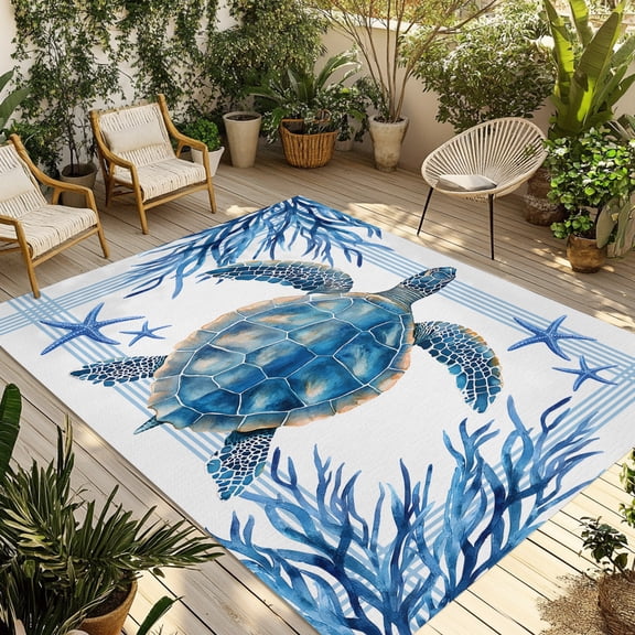 Summer Turtle Coral Outdoor Area Rug 5x8ft Decorative Indoor Outdoor Rug Ocean Theme Patio Area Rug for Porch, Deck, Balcony, Entryway, Camping & RV