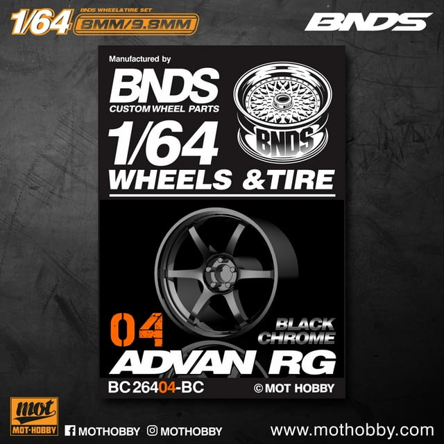 BNDS 1/64 ABS Wheels Rubber Tires by BLACK CHROME Assembly Rims Modified Parts JDM VIP Style for Model Car Vehicle 4pcs Set BC26404BC
