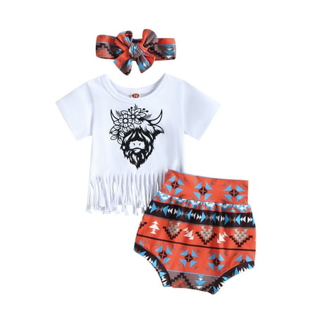 

Wassery Baby Girls Outfits Cattle Head Print Short Sleeve Tops Crew Neck Tasseled Hem T-shirt and Shorts Headband 3Pcs Infant Girls Summer Casual Clothes Set 0-24M