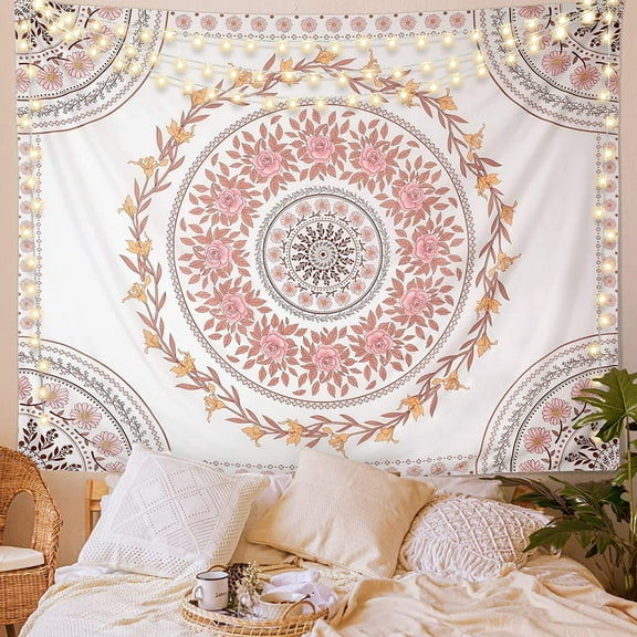 Pink Boho Floral Tapestry Mandala Pattern Tapestry Wall Hanging for Bedroom Living Room Dorm