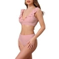 thumbnail image 4 of Conjunto de bikini de dos piezas para mujer con volantes, escote en V, tirantes anchos, estampado de leopardo, parte superior con lazo ajustable y parte inferior triangular, talla X-Large, color rosa, 4 of 5