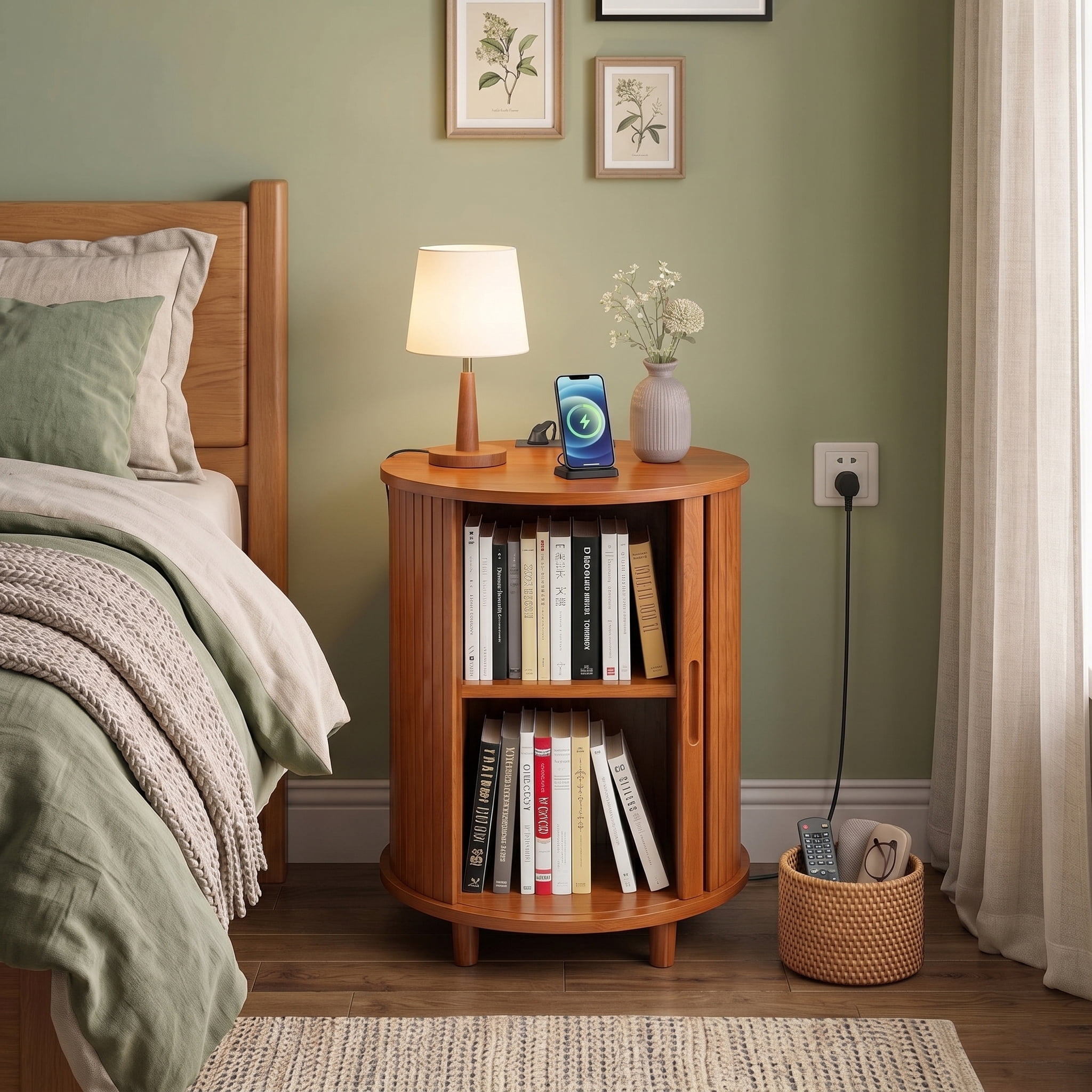 AISWORD Round End Table with Charging Station, Fluted Accent Side Table with Sliding Door and Adjustable Shelf, Nightstand for Small Space, Yellow