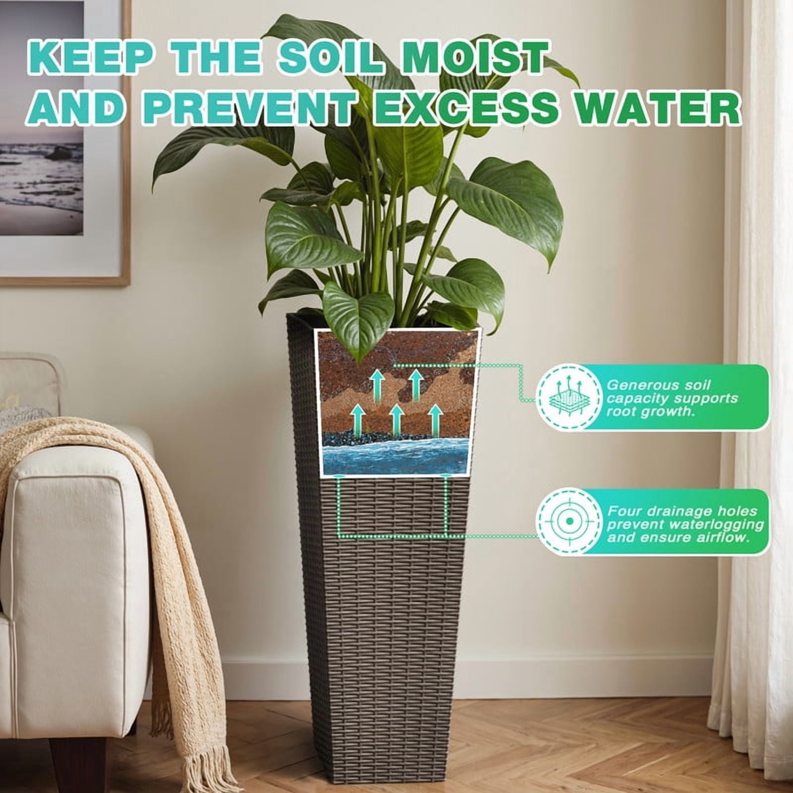 Devoko 32" Tall Planters for Outdoor Plants Set of 2, Woven-Textured Outdoor Plant Pots for Patio, Front Porch