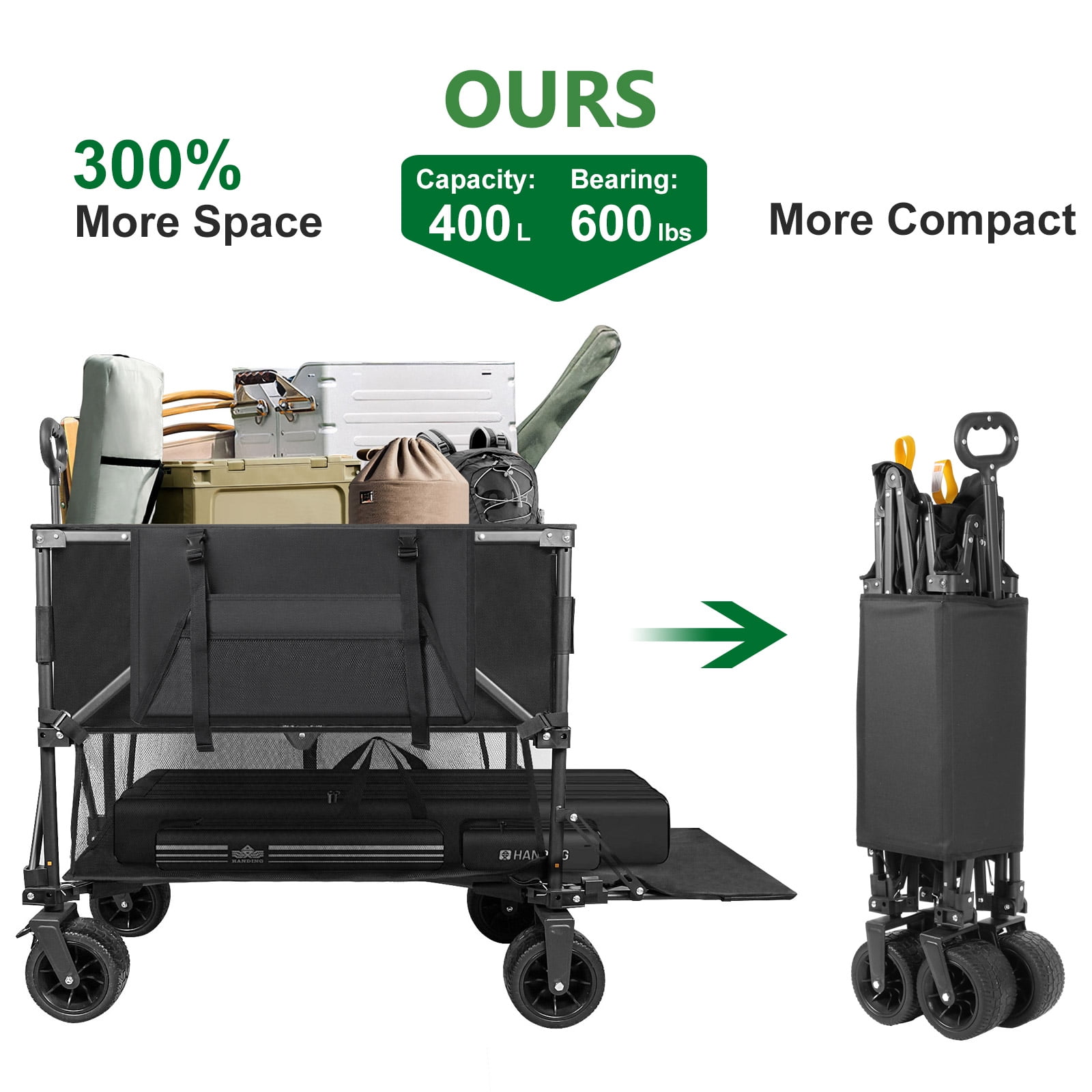 Double Decker Wagon 600lb Capacity & 400L Collapsible Sports Wagon with Big Wheels 54" for Camping Fishing & Outdoor Use