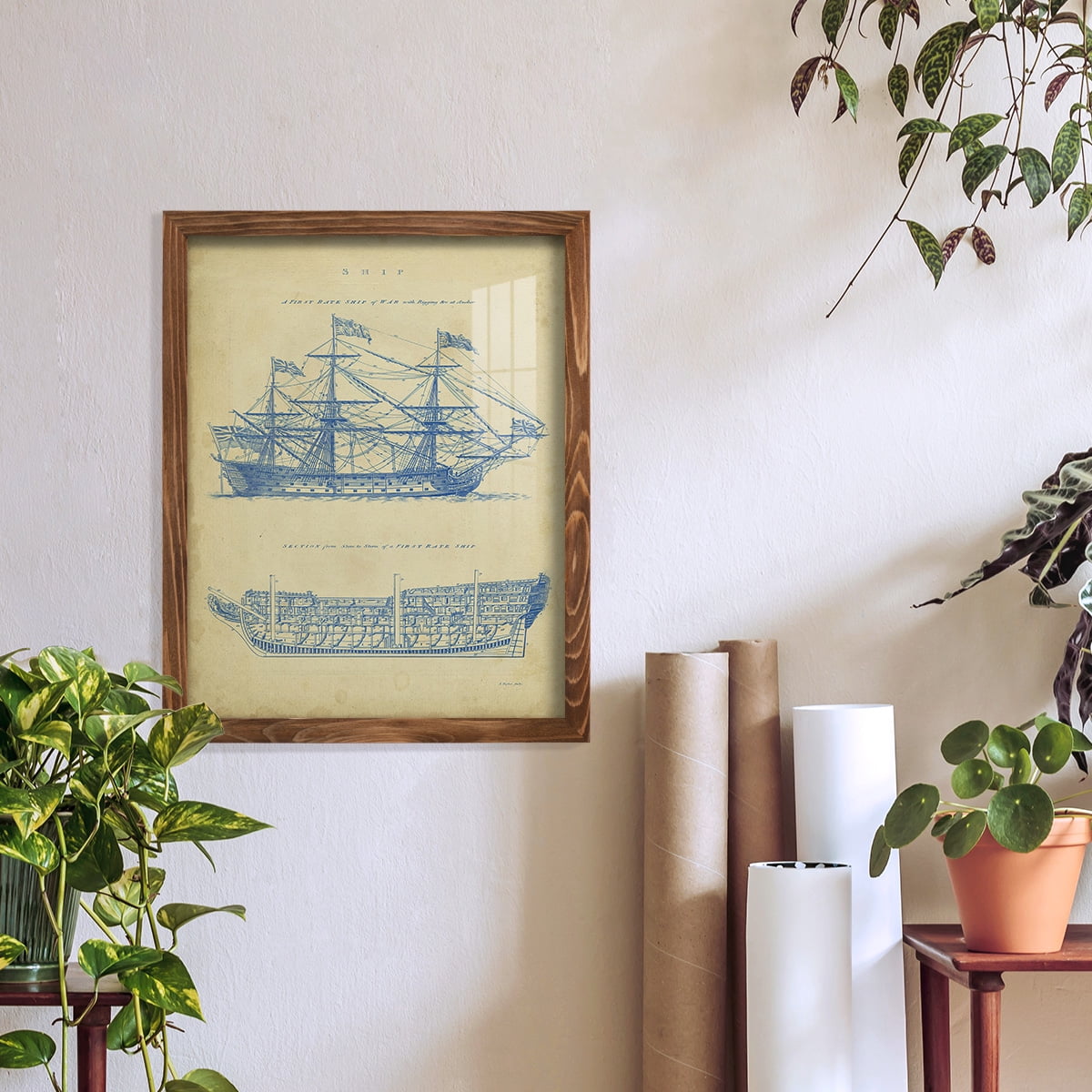 Vintage Ship Blueprint -Framed Print w/glass-Walnut