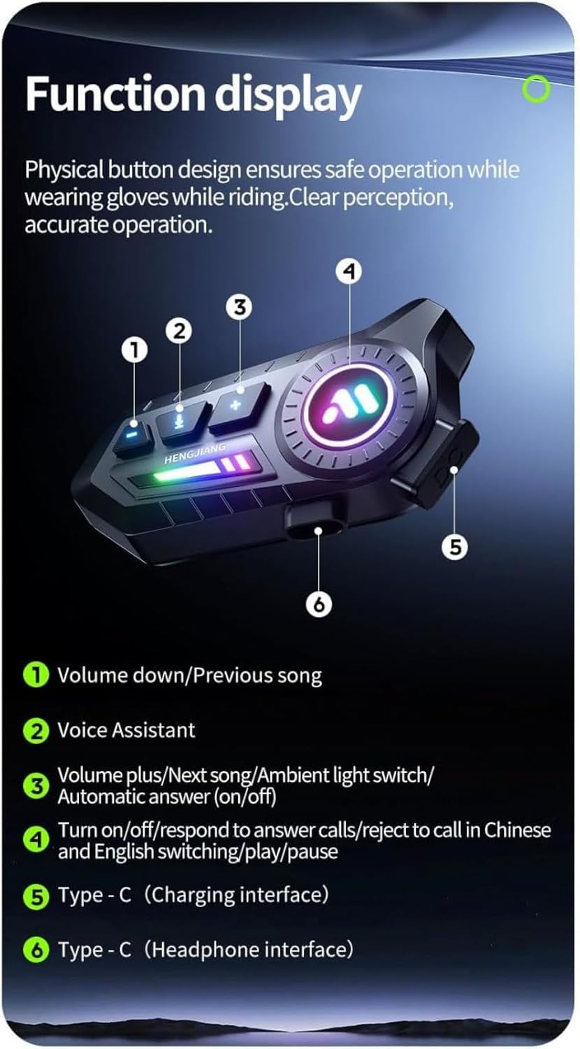 Motorcycle Helmet Bluetooth Headset, IP67 Waterproof, Type-C Charging, Two-in-One Microphone with Ambient Light and Voice Assistant for All Helmets