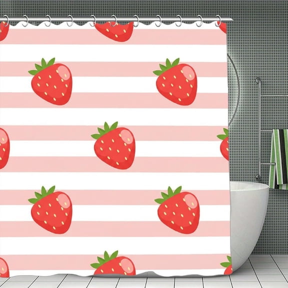 Pink Striped Strawberry Pattern Print Shower Curtain,Modern Fabric Waterproof Shower Curtain Set with Hooks 70.8×70.8Inch (180×180cm)