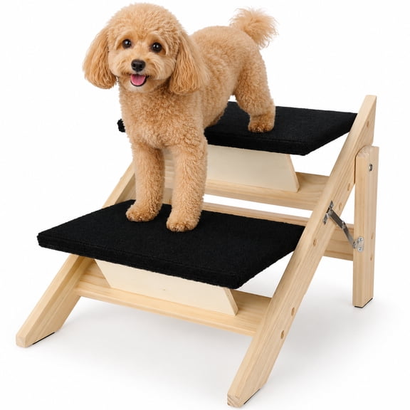 2 Step Dog Stairs, 18.1 x 15.8 x 13.4 in Folding Dog Stairs, 2-in-1 Wooden Convertible Ramp with Non-Slip Pedals, Heavy Duty Portable Pet Ladder for Bed, Sofa, Couch, Car