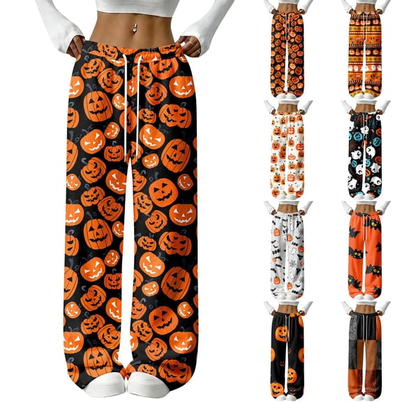 Trgacdwlo Halloween Fleece Pj Pants Women Funny Pumpkin Graphic Flannel Wide Leg Women's Sleep Pants Festival Fall Winter Warm Pajama Pants Fuzzy