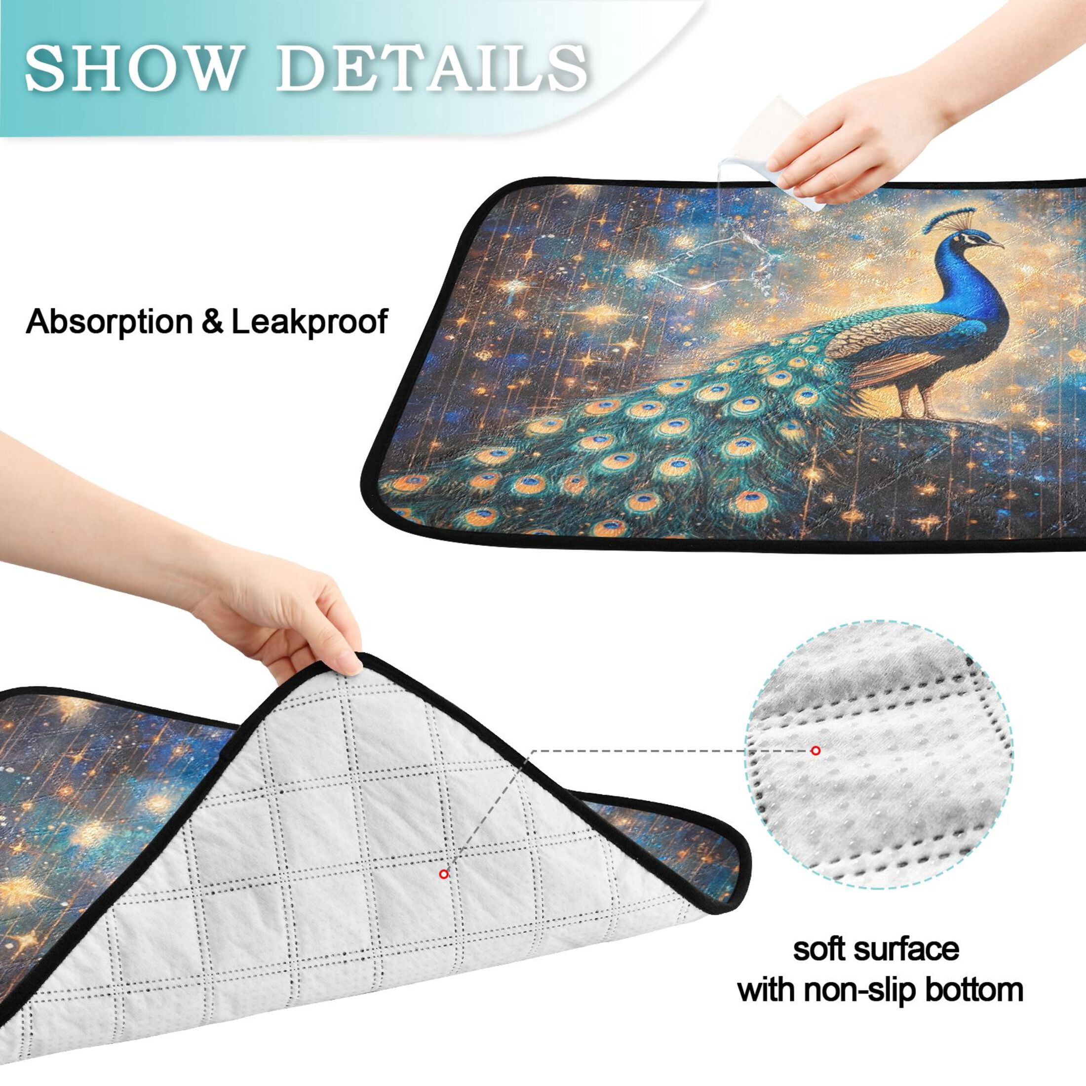 Qxltty Starry Peacock Cat litter Pads Pet Set of 3 Diaper Mats Center Anti-leakage Layer Absorbent Soft and Comfortable
