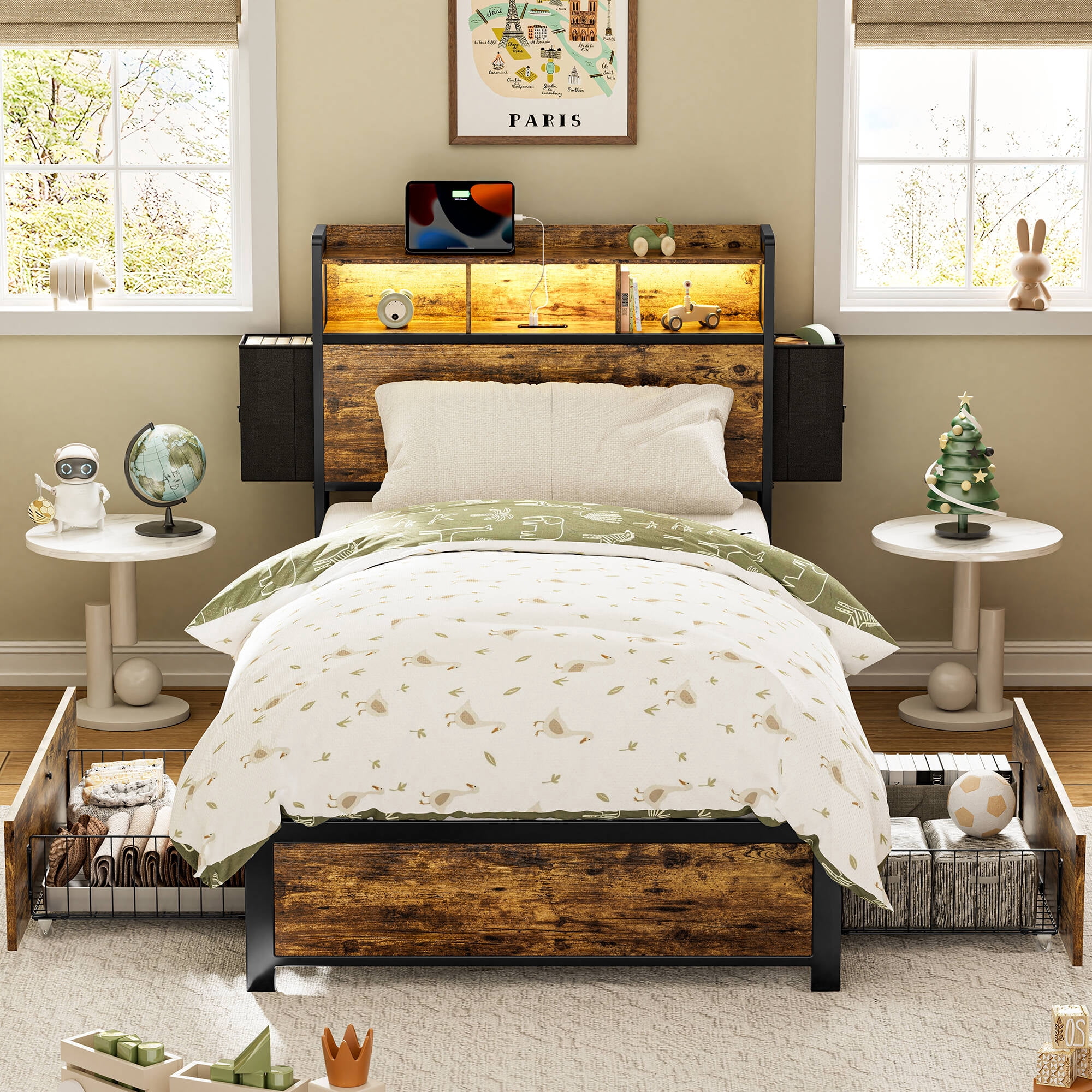 GUNAITO Twin Bed Frame with 2 Drawers Platform Bed Frame with with LED Lights&Charging Station Rustic Brown