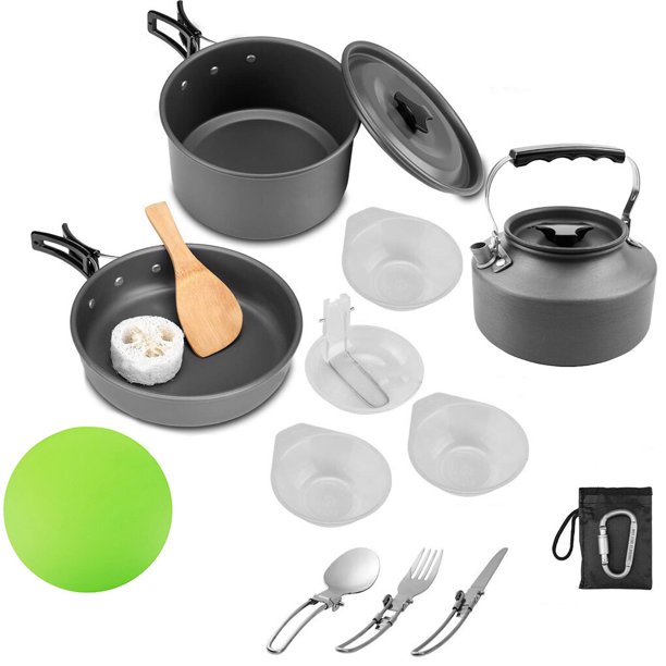 Eigraketly Paquete de 14 ollas para acampar al aire libre, utensilios de cocina portátiles, antiadherentes, mochileros, lavables, con Kits de desorden para acampar Negro