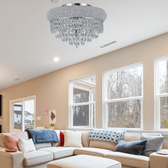 Crystal Chandelier Flush mount lighting 4 lights modern design 16"x8" in Chrome color with original Teardrop Crystals