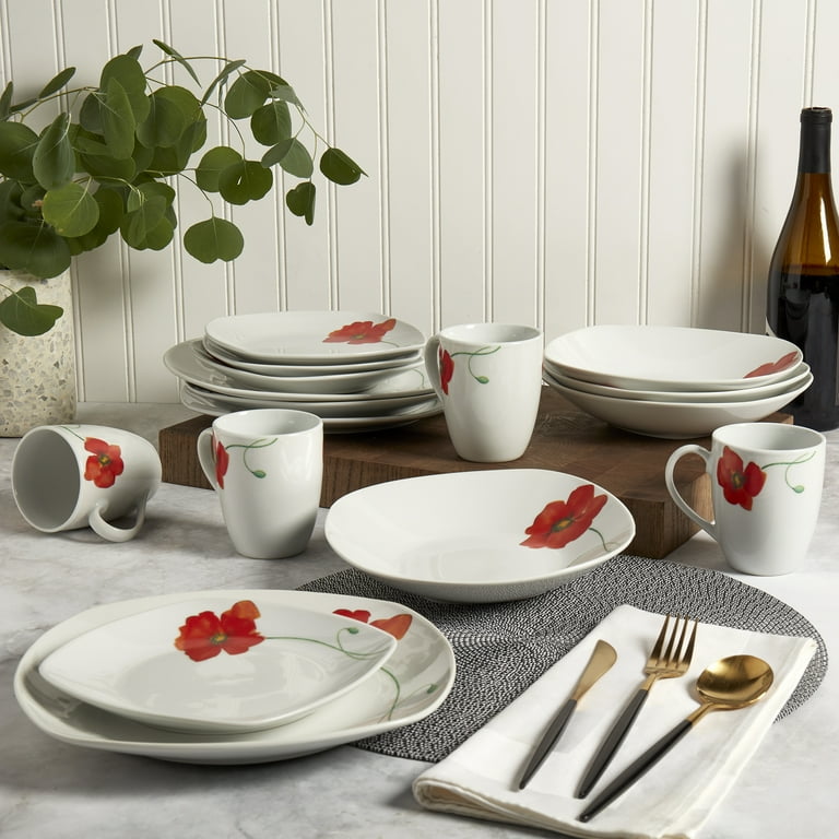 Tabletops Gallery Poppy Square 16 Piece Dinnerware Set, Floral