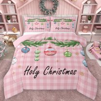 Homewish Happy Christmas Bedding Comforter Set,Holy Xmas Twin Comforter Sets,Pink Classic Plaid Bedding Set For Teens,Breathable Home Decor Reversible,2 Pieces