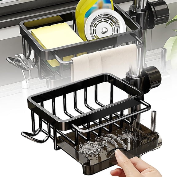 Kitchen Sink Faucet Organizer, Faucet Drainer Basket, Aluminum Sponge Holder with Drip Tray for Kitchen & Bathroom