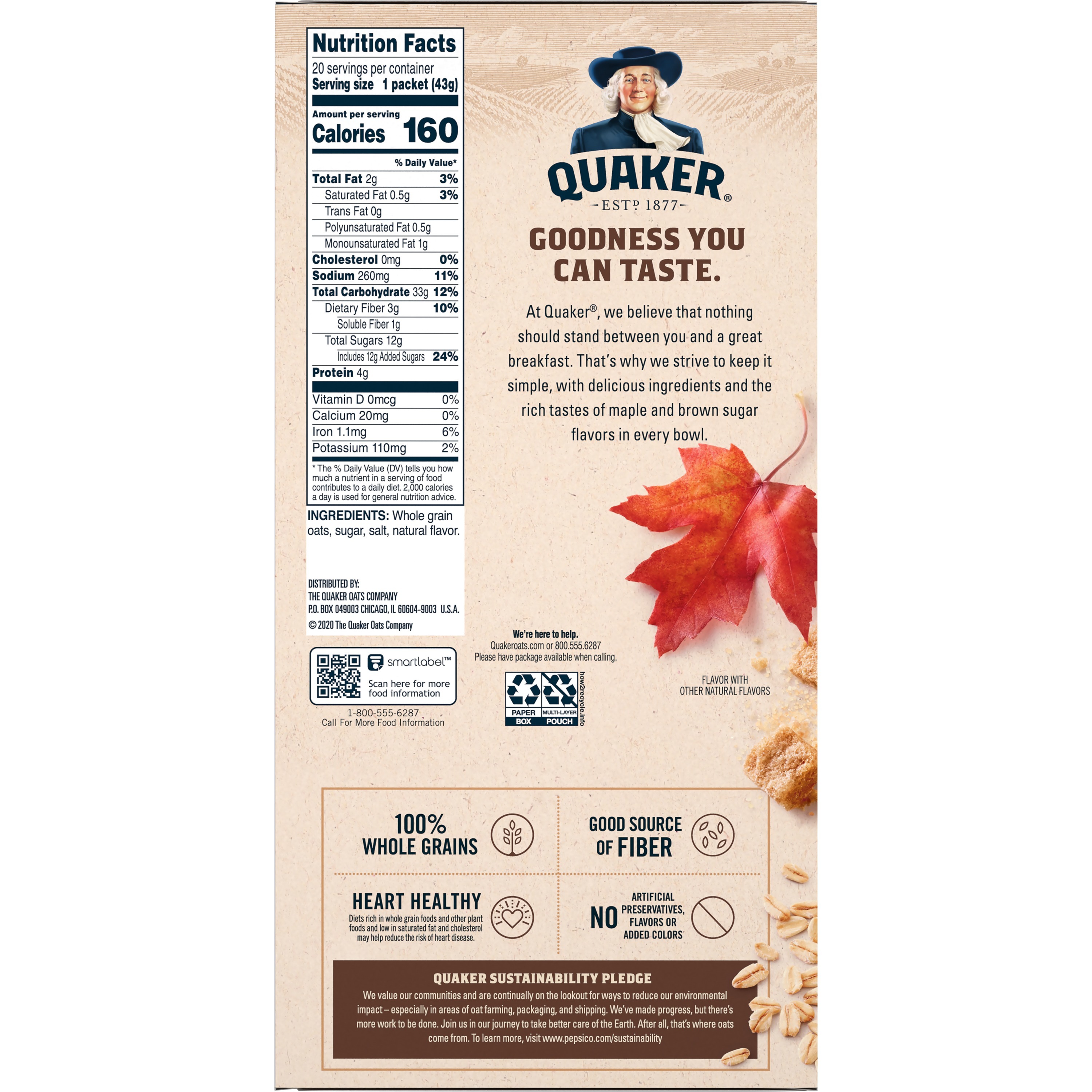 Quaker, Instant Oatmeal, Maple & Brown Sugar, Quick Cook Oatmeal, 1.51 oz, 20 Packets - image 4 of 8