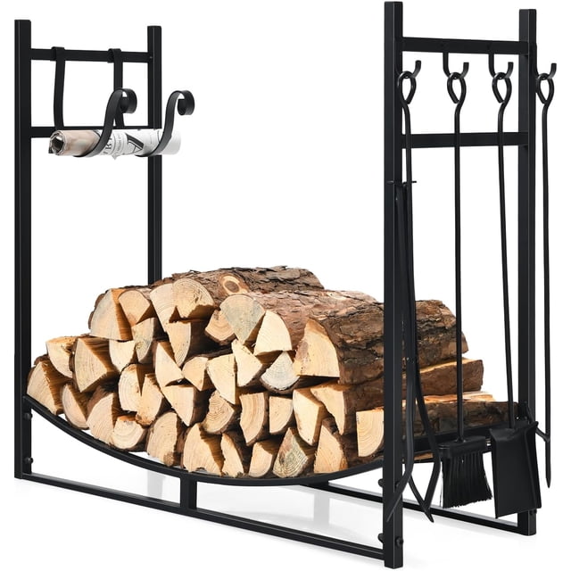 30 Inch Firewood Rack, Indoor/Outdoor Fireplace Wood Storage Stand with Fireplace Tools Set & Kindling Holder, Heavy Duty Fire Log Stacker Holder for Stove Fire Pit
