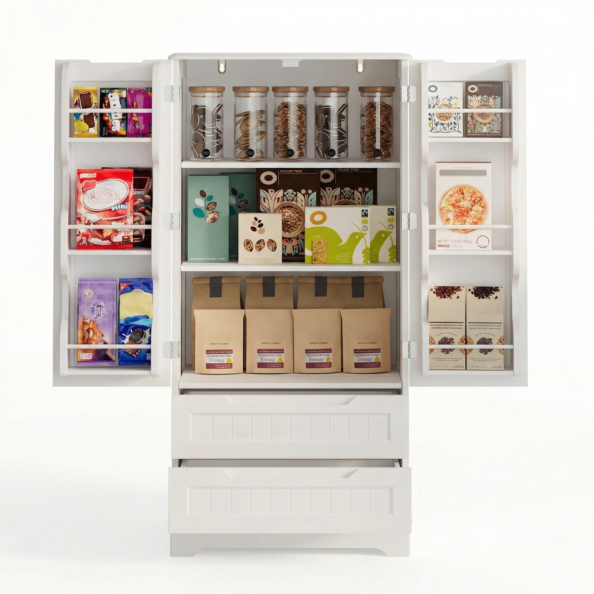 Pantry Cabinet, Lofka 47" Kitchen Pantry Storage Cabinet - 2 Shelves, 2 Drawers & 6 Side Door Shelves - Durable, Magnetic Closure