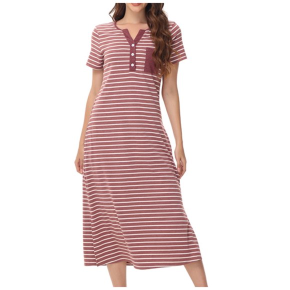 Robe de Pyjama pour Femmes, Coton, Manches Longues, Chemise de Nuit Longue, Chemises de Sommeil Boutonnées, Robe de Sommeil à Col en V avec Poches, Tenue de Nuit à Rayures, Pyjamas Jupes, Bourgogne m