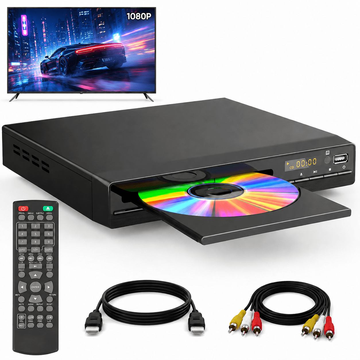 DVD Players for TV with HDMI, Region Free DVD Player for Smart TV, CD Player for Home, Supports 1080P Video, DVD/CD/VCD/JPEG/USB Playback, DVD Player with Remote, HDMI & RCA Cables Included