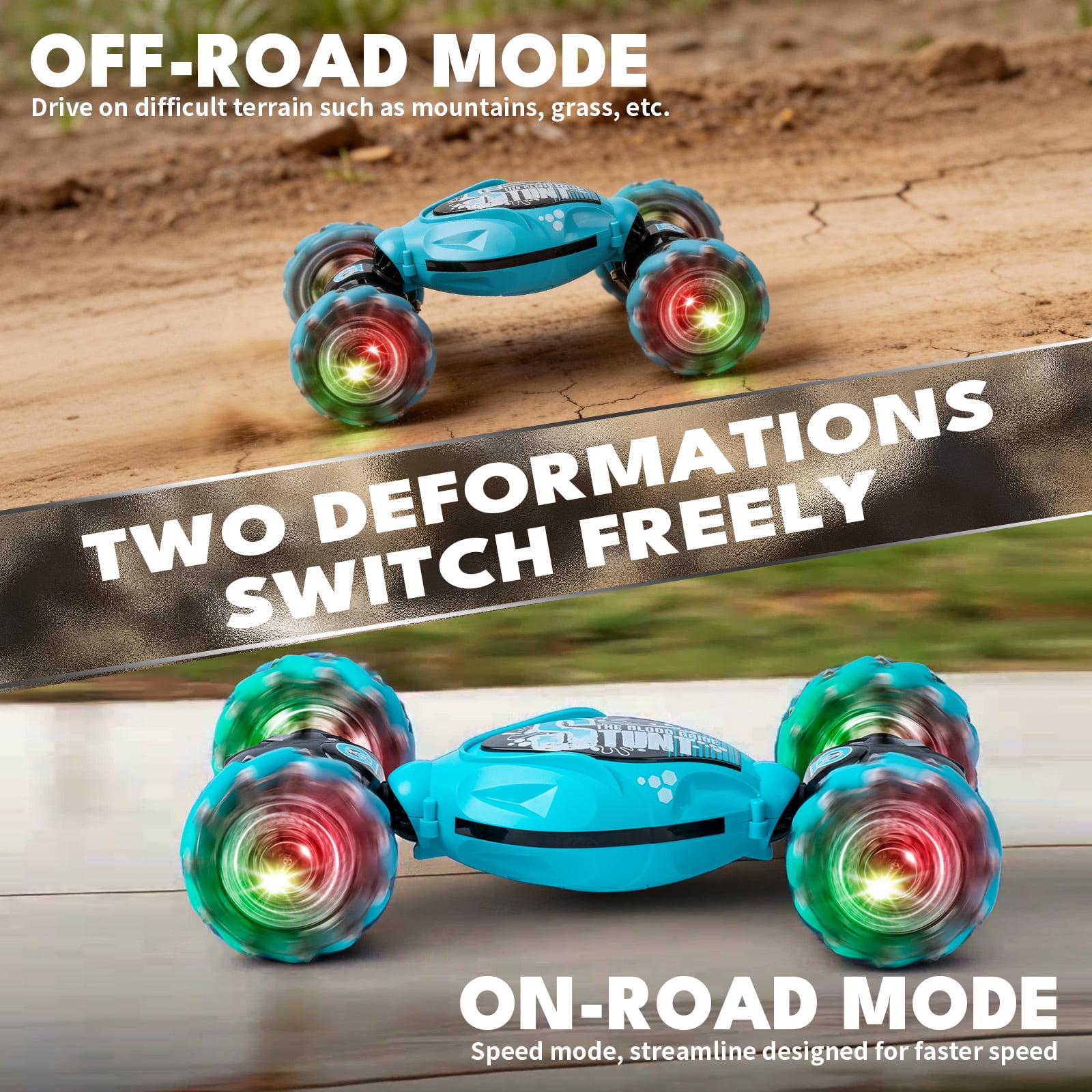 Lvelia RC Stunt Car for Kids, Remote Control Car Double-Sided Driving Drift Twist Offroad 360°Rotation with Lights Music for Age 8-12 Boys Girls Birthday Gifts,Blue