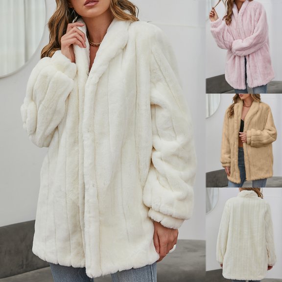 Winter Warm Coats for Women, Ladies Coats Faux Coat Furry Faux Jacket Long Sleeve Outerwear White L