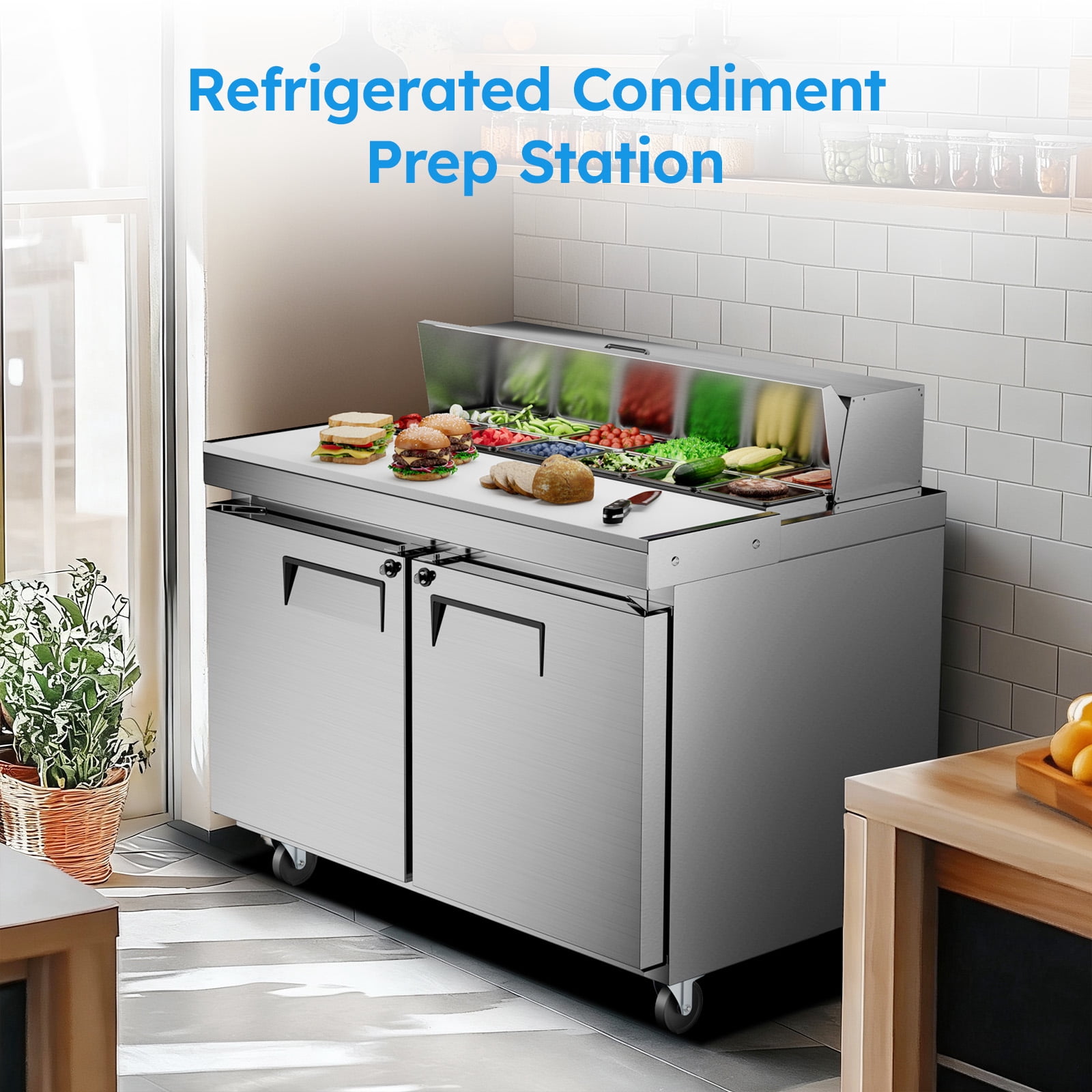 48" WCommercial Refrigerator Sandwich Salad Prep Table Refrigerators 2 Door with 12 Pans, Prep Station Fridge for Restaurant, Bars, Shops