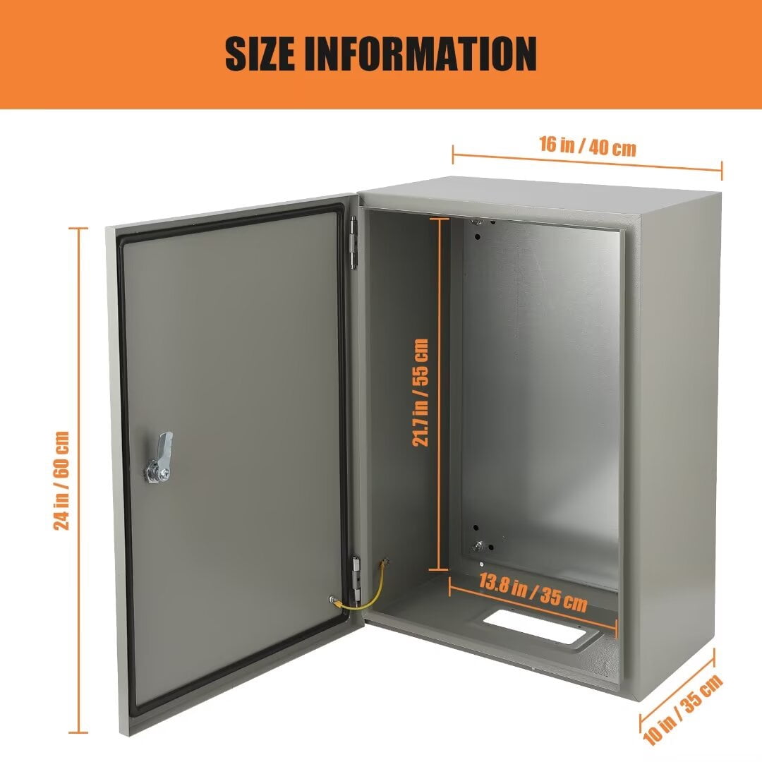 Steel Electrical Box, 24x16x10" Electrical Enclosure Box with Lock & Mounting Plate, Outdoor Junction Box IP66 Waterproof & Dustproof