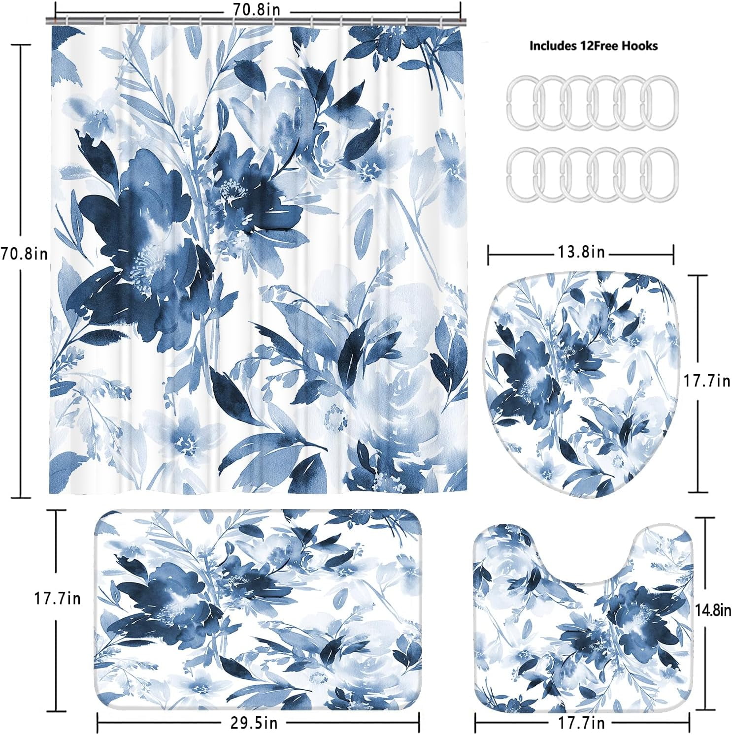 Blue Leaves Shower Curtain Set Bathroom Sets Flower Shower Curtain Set with Rugs,Bathroom Shower Curtain Set with Carpet Bath Mat Toilet Rugs