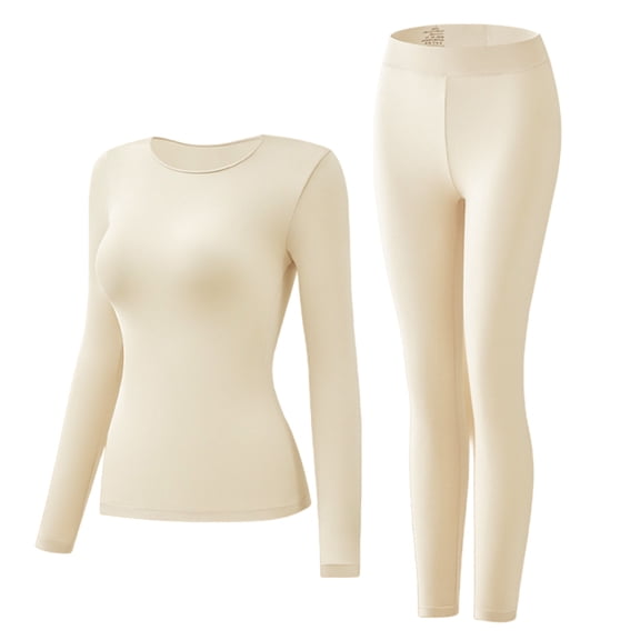 Women's 2PC Thermal Base Layer Set Long Sleeve Crewneck Pullover Shirt Elastic Waist Leggings Sleepwear Set Beige XL