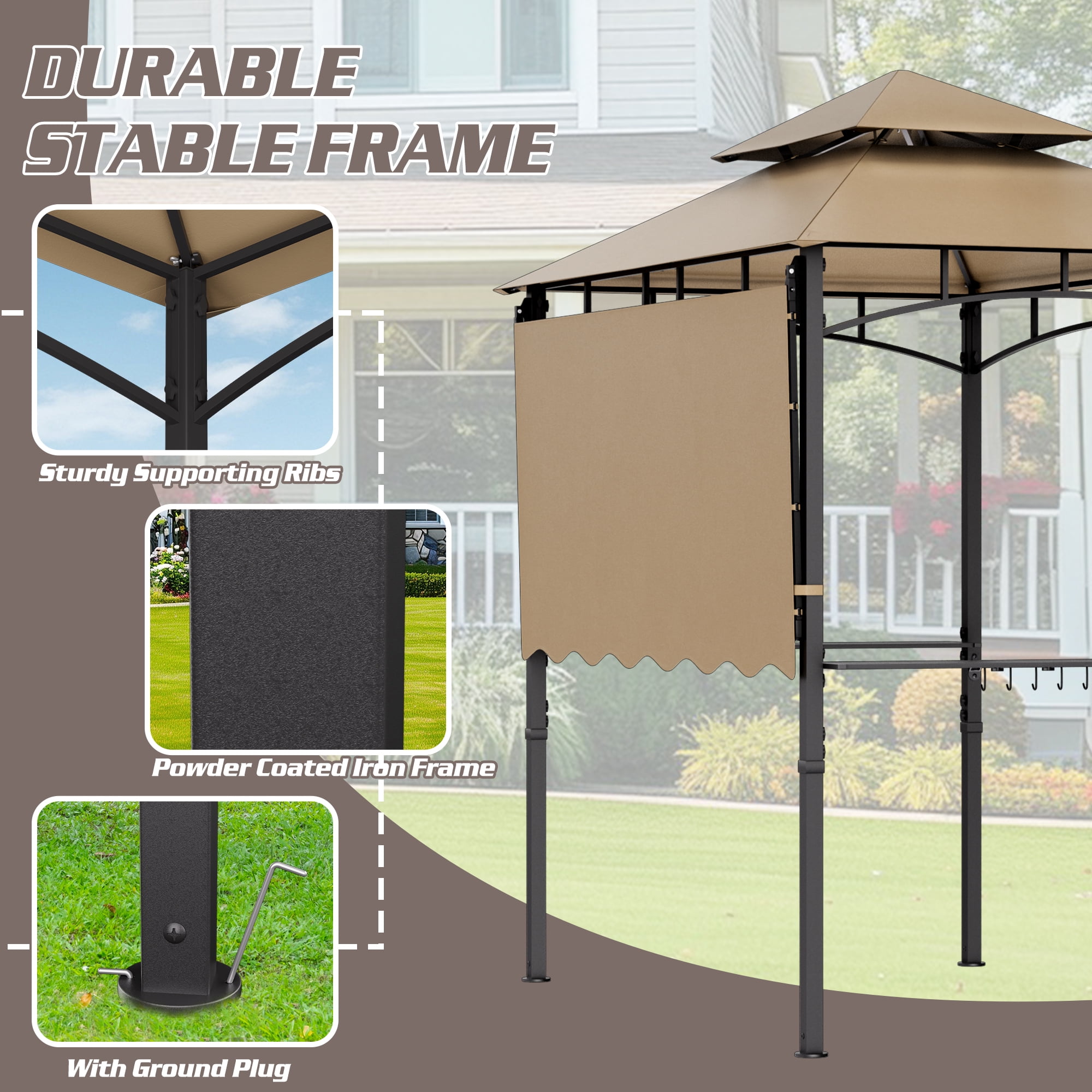 Magic Union 8'X8' Grill Gazebo Canopy - Heavy Duty Steel Frame, Double Tiered Grill Canopy for Outdoor Grill W/Shelves, Ceiling Hooks and Ground Stakes, Patio Canopy Tent BBQ Gazebo for Backyard
