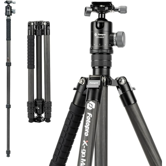 Fotopro 67" Carbon Fiber Camera Tripod with Dual Panoramic Ball Head, Detachable Monopod, Compact Lightweight Travel Tripod with QR Plate for 70-200 Lens, Max Load 12kg/26 lbs, X-Go Max E 2