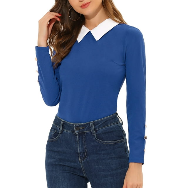 INSPIRE CHIC Blouse de Noël Peter Pan pour Femmes Col Contrasté Manches Longues Haut de Fête Bleu Royal