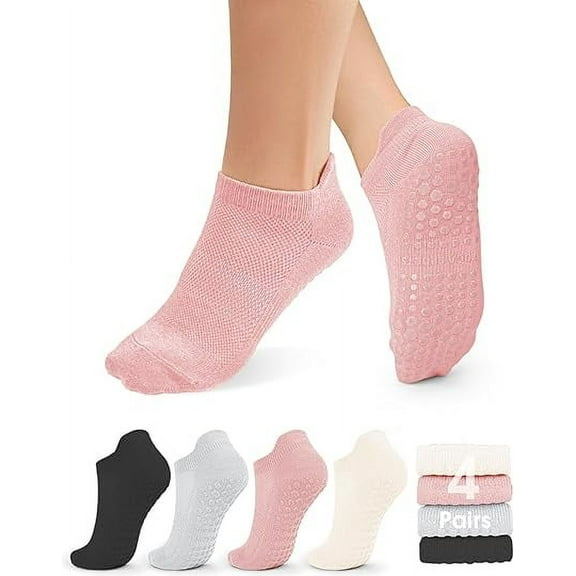 Non Slip Pilates Socks with Grips for Women, Grip Socks for Yoga Ballet Barefoot Workout Anti Skid Athletic Socks 4 pack