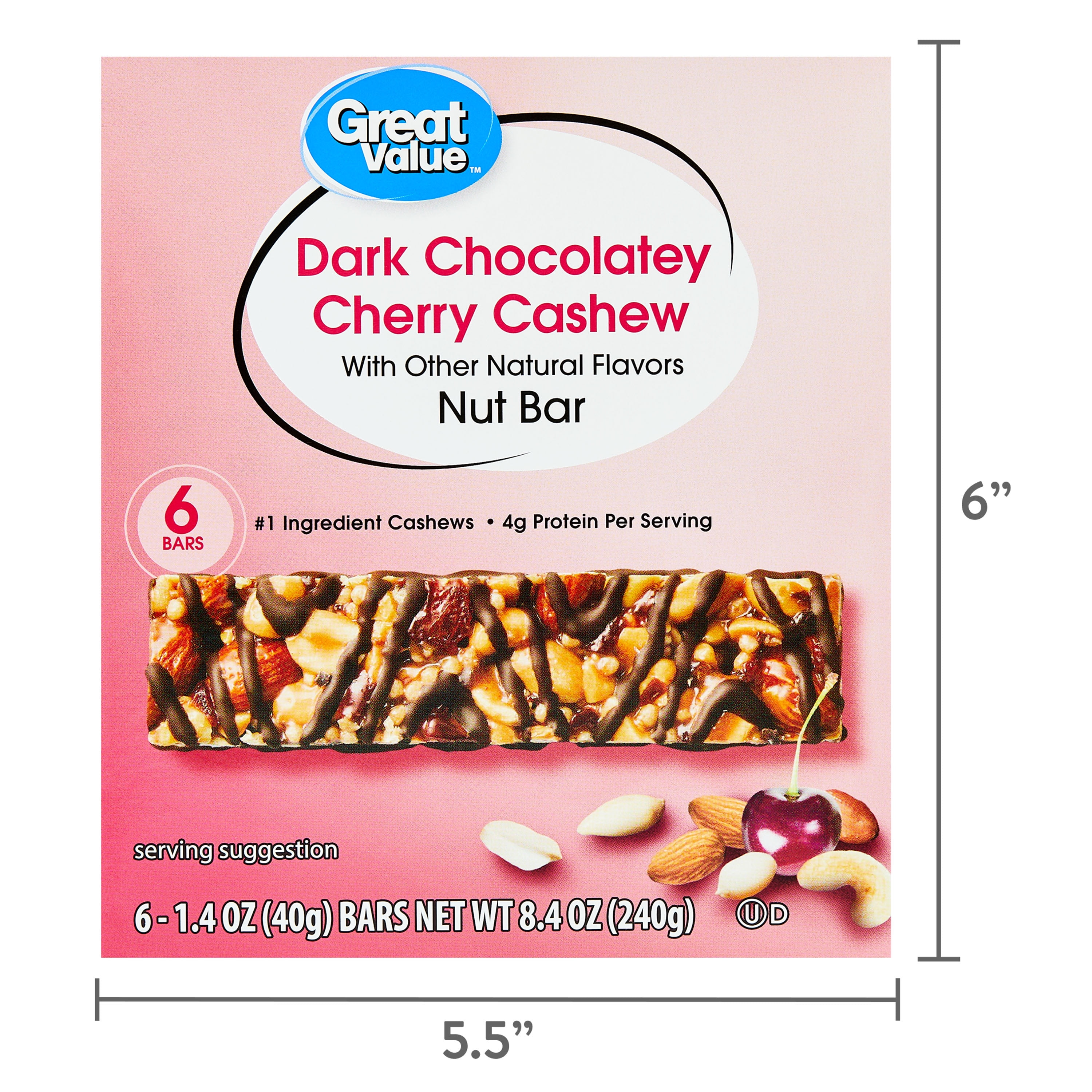 Great Value Dark Chocolatey Cherry Cashew Nut Bar, 1.4 oz, 6 Count