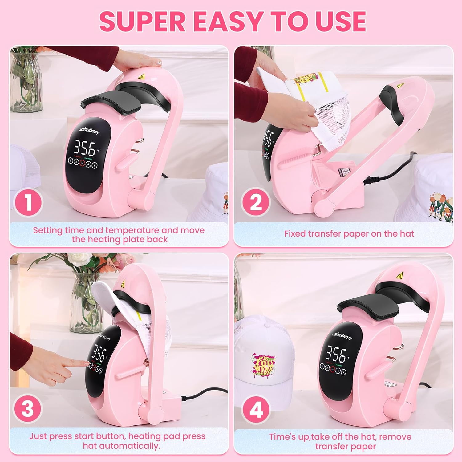 Adnoom 3-in-1 Cap Heat Press Machine, Hat Heat Press with 3pcs Replaceable Heating Pads, Automatic Release & Press, DIY Sublimation press for Caps T-Shirts Bags, Pink