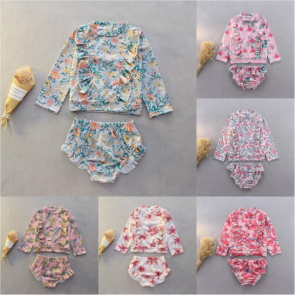 Trendfront Girls 2-Piece Swimsuit Printed Long Sleeve Rash Guard with Triangle Bottom Kids Beach Pool Bathing Suit