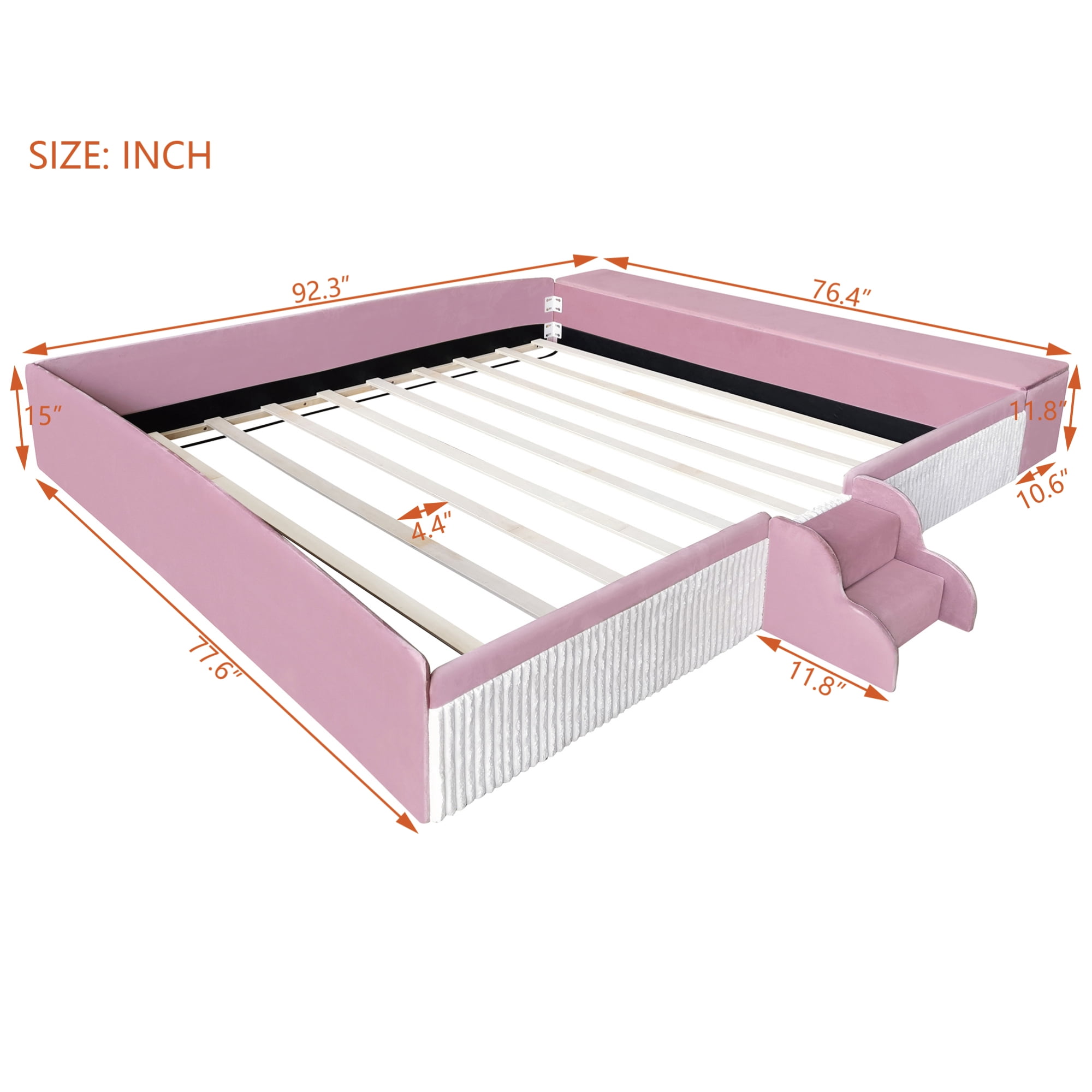 Leumius King Size Floor Bed Frame with Stairs & Gas Lift Storage Ottoman, Velvet Upholstered Daybed with Padded Guardrails, Pink+White