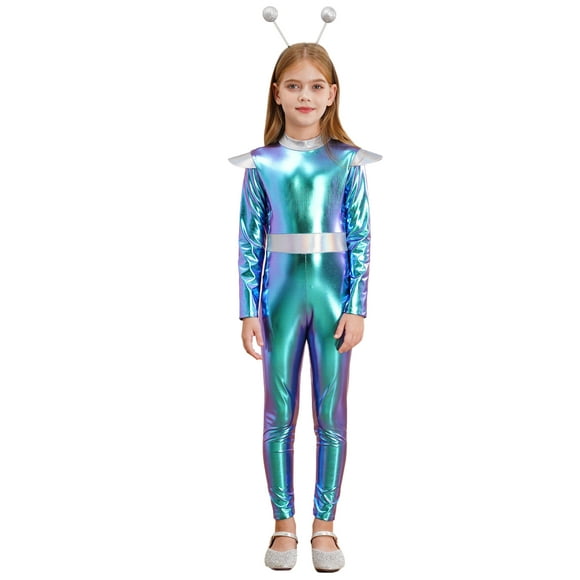 Yeahdor Kids Girls Halloween Alien/Out Space Man/Astronaut Costume Cosplay Party Metallic Jumpsuit Bodysuit Blue 12